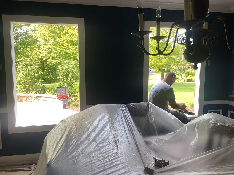 Window removed and plastic put down
